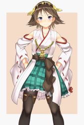 Rule 34 | 1girl, bare shoulders, beige background, black pantyhose, blue eyes, boots, brown hair, detached sleeves, feet out of frame, flipped hair, green skirt, hairband, hands on own hips, hatakenaka (kamagabuchi), headgear, hiei (kancolle), highres, kantai collection, looking at viewer, nontraditional miko, pantyhose, plaid, plaid skirt, ribbon-trimmed sleeves, ribbon trim, short hair, skirt, solo, standing, thigh boots, thighhighs, two-tone background, white background
