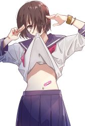 Rule 34 | 1girl, blouse, brown hair, clothes in mouth, clothes lift, head tilt, highres, messy hair, mouth hold, original, pleated skirt, pomu (joynet), school uniform, serafuku, shirt, shirt in mouth, shirt lift, short hair, simple background, skirt, solo, stomach, white background, white shirt
