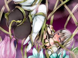 Rule 34 | 1girl, 73gou koudou, bdsm, blue eyes, blush, bondage, bound, braid, grabbing another&#039;s breast, breasts, cameltoe, female focus, flower, game cg, grabbing, grey hair, high heels, kappamaru, lilitales, nipples, open mouth, plant, restrained, solo, suspension, sweat, tentacles, tongue, top-down bottom-up, torn clothes