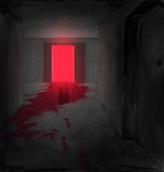 1boy blood burnoutmylif3 door elevator elevator_door footprints highres homicipher indoors male_focus mr._scarletella reflection solo wide_shot