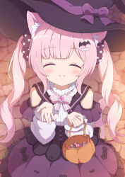 Rule 34 | 1girl, animal ears, blurry, blush, bow, candy, cat ears, cat girl, cat tail, closed eyes, depth of field, detached sleeves, food, from above, hair ornament, hair scrunchie, halloween, hat, hat bow, highres, holding, long hair, original, outstretched hand, pink hair, scrunchie, sidelocks, skirt, smile, solo, tail, twintails, tyakomes, variant set, witch hat