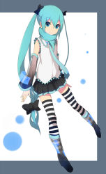 Rule 34 | 1girl, bad id, bad pixiv id, blue eyes, blue hair, detached sleeves, hair ribbon, hatsune miku, long hair, matching hair/eyes, necktie, ogipote, ribbon, scarf, see-through, shirt, skirt, smile, solo, striped clothes, striped thighhighs, thighhighs, twintails, very long hair, vocaloid, zettai ryouiki