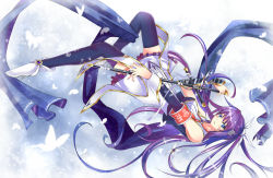 Rule 34 | 1girl, ankle boots, armband, bare shoulders, blue dam, blue eyes, boots, bug, butterfly, detached sleeves, green eyes, hair ribbon, high heels, highres, bug, long hair, open mouth, os-tan, personification, purple hair, ribbon, shoes, silversirius, skirt, solo, sword, thighhighs, weapon, zettai ryouiki