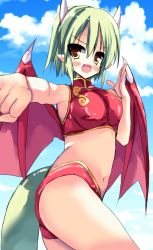 Rule 34 | 1girl, adapted costume, armpits, artist request, ass, bikini, blue sky, blush, breasts, clenched hand, cloud, compile, draco centauros, dragon girl, dragon horns, dragon tail, fang, green hair, halterneck, highres, horns, looking at viewer, madou monogatari, medium breasts, pointy ears, puyopuyo, sega, short hair, sky, smile, solo, swimsuit, tail, wings, yellow eyes