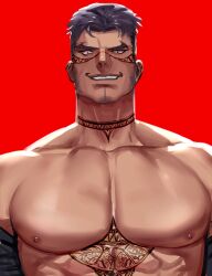 Rule 34 | 1boy, absurdres, bara, chest tattoo, facial tattoo, highres, large pectorals, looking at viewer, male focus, manly, mature male, muscular, muscular male, neck tattoo, nipples, original, pectorals, puffy chest, purple eyes, red background, shirt, unworn shirt, short hair, simple background, smirk, solo, spiked hair, tattoo, teeth, undercut, upper body, won (won uom)