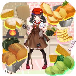 ! 1girl alternate_costume animal_print apron black_hair black_pantyhose braid bread brown_apron carrot cat_print closed_mouth collared_shirt fire food food_request game_cg grey_skirt hat heart heart_print highres holding long_earlobes long_hair looking_at_viewer mary_janes official_art oven_mitts pantyhose peel_(tool) print_apron print_headwear puffy_short_sleeves puffy_sleeves pumpkin red_eyes red_footwear red_hat rotte_(1109) seed shirt shoes short_sleeves skirt smile solo third-party_source touhou touhou_lostword transparent_background twin_braids white_shirt yatadera_narumi