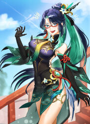 Rule 34 | 1girl, :d, absurdres, aqua lips, bare shoulders, black dress, black gloves, blue sky, blush, breasts, chinese hairpin, colored inner hair, commentary request, day, dress, earrings, elbow gloves, fingernails, genshin impact, glasses, gloves, green hair, highres, jewelry, large breasts, long hair, looking at viewer, multicolored hair, open mouth, outdoors, purple hair, q meu, red-framed eyewear, semi-rimless eyewear, sharp fingernails, short dress, sky, sleeveless, smile, solo, stairs, tassel, tassel earrings, two-tone hair, very long hair, vision (genshin impact), xianyun (genshin impact)