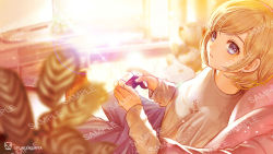 Rule 34 | 1girl, artist logo, artist name, ashiyafuku, bad id, bad pixiv id, blonde hair, blue eyes, breasts, commission, controller, earrings, game controller, hair behind ear, holding, holding controller, holding game controller, jewelry, lens flare, looking at viewer, looking back, original, pants, plant, playstation controller, sample watermark, short hair, small breasts, solo, sweatpants, watermark