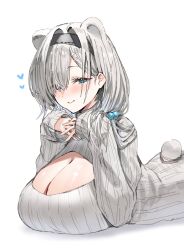 Rule 34 | 1girl, animal ears, arknights, aurora (arknights), bear ears, bear girl, bear tail, blue eyes, blush, breasts, cleavage, cleavage cutout, clothing cutout, hair over one eye, hair over shoulder, hairband, heart, highres, horn/wood, large breasts, long hair, looking at viewer, lying, meme attire, nail polish, naughty face, on stomach, open-chest sweater, ribbed sweater, simple background, smile, solo, sweater, tail, white background, white hair