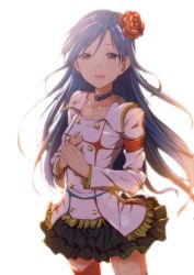 Rule 34 | 1girl, :d, blue hair, blush, brown eyes, clearite, flower, hair flower, hair ornament, highres, idolmaster, idolmaster (classic), idolmaster movie, kisaragi chihaya, long hair, looking at viewer, open mouth, smile, solo