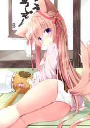Rule 34 | 1girl, animal ears, arm support, bell, blush, breasts, closed mouth, copyright request, fox ears, fox girl, fox tail, hair bell, hair between eyes, hair ornament, hair ribbon, head tilt, highres, indoors, japanese clothes, jingle bell, kimono, kneepits, kouda suzu, light brown hair, long hair, long sleeves, looking at viewer, looking back, nose blush, obi, panties, pink kimono, purple eyes, red ribbon, ribbon, sash, short kimono, sleeves past wrists, small breasts, smile, solo, tail, tail raised, translation request, underwear, very long hair, white panties, wide sleeves