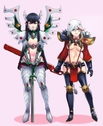Rule 34 | 2girls, adepta sororitas, alternate hair color, blue eyes, boots, breasts, chainsword, cleavage, cleavage cutout, clothing cutout, cosplay, crossover, eldar, facial tattoo, fusion, gauntlets, greenmarine, hair ornament, hairclip, highres, junketsu, kamui (kill la kill), kill la kill, kiryuuin satsuki, knee pads, large breasts, living clothes, matoi ryuuko, midriff, multicolored hair, multiple girls, navel, parody, planted, planted sword, planted weapon, pointy ears, red hair, revealing clothes, senketsu, short hair, siblings, sisters, sisters of battle, streaked hair, sword, tattoo, thigh boots, thighhighs, two-tone hair, underboob, warhammer 40k, weapon, white background, white hair