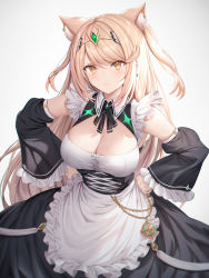 Rule 34 | absurdres, alternate costume, animal ear fluff, animal ears, apron, black dress, blonde hair, breasts, cat ears, cleavage, dress, enmaided, frilled apron, frills, highres, kemonomimi mode, large breasts, long hair, maid, maid apron, maid headdress, mythra (xenoblade), roi (liu tian), swept bangs, very long hair, waist apron, white apron, xenoblade chronicles (series), xenoblade chronicles 2, yellow eyes