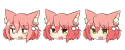 Rule 34 | 1girl, 7th dragon, 7th dragon (series), :d, animal ear fluff, animal ears, blush, cat ears, empty eyes, fang, fighter (7th dragon), green eyes, hair between eyes, hair bobbles, hair ornament, harukara (7th dragon), head, looking at viewer, naga u, one side up, open mouth, pink hair, simple background, smile, variations, white background