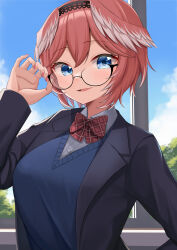 Rule 34 | 1girl, 9696k, absurdres, adjusting eyewear, bespectacled, black-framed eyewear, blue eyes, blush, bow, bowtie, breasts, classroom, day, glasses, head wings, highres, hololive, indoors, large breasts, long sleeves, looking at viewer, multicolored hair, open mouth, pink hair, pink nails, red bow, red bowtie, semi-rimless eyewear, short hair, sitting, smile, solo, takane lui, under-rim eyewear, virtual youtuber, white hair, wings
