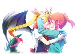 Rule 34 | 10s, 2girls, :d, artist name, blonde hair, blush, dragon girl, dragon tail, closed eyes, fang, glasses, hand on another&#039;s head, happy tears, horns, hug, kobayashi-san chi no maidragon, kobayashi (maidragon), large tail, light background, long hair, maid, maid headdress, multiple girls, nightea, open mouth, ponytail, red hair, red scarf, scarf, short hair, simple background, smile, tail, tears, tohru (maidragon), twintails, upper body, white background, wings
