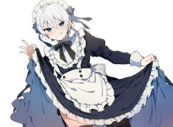 Rule 34 | 1girl, :q, black dress, black thighhighs, blue eyes, blue ribbon, clothes lift, commentary request, dress, dress lift, eyebrows hidden by hair, flat chest, hair between eyes, hair ribbon, highres, ikeuchi tanuma, lifting own clothes, long sleeves, looking at viewer, maid, maid headdress, original, ribbon, short hair, simple background, solo, thighhighs, thighs, tongue, tongue out, white background, white hair