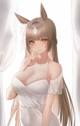 Rule 34 | 1girl, animal ears, bare shoulders, blush, braid, breasts, brown hair, cleavage, closed mouth, collarbone, curtains, detached sleeves, dress, ear ornament, grey hair, half updo, hand on own face, highres, horse ears, large breasts, long hair, looking at viewer, mohaka (m 0haka), multicolored hair, orange eyes, satono diamond (umamusume), see-through, short sleeves, simple background, smile, solo, straight hair, two-tone hair, umamusume, upper body, very long hair, white background, white dress