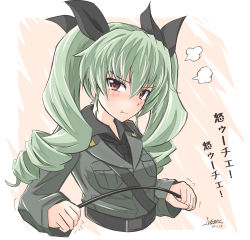 Rule 34 | 10s, 1girl, :t, anchovy (girls und panzer), anzio military uniform, black necktie, blush, cropped torso, drill hair, girls und panzer, green hair, hair between eyes, highres, isofude, looking at viewer, necktie, red eyes, riding crop, solo, translation request, trembling, twin drills