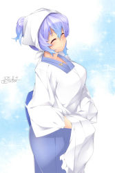 Rule 34 | 1girl, ^ ^, absurdres, alternate costume, apron, blue hair, blush, breasts, closed eyes, closed eyes, female focus, gradient hair, head scarf, highres, housewife, japanese clothes, kappougi, kimono, kokka han, large breasts, letty whiterock, multicolored hair, plump, purple hair, short hair, smile, solo, tenugui, touhou, two-tone hair