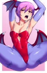 Rule 34 | 1girl, armpits, arms up, bat wings, blue pantyhose, border, breasts, covered clitoris, covered navel, dako (dakosito), elbow gloves, fangs, female focus, gloves, gradient background, hair between eyes, half-closed eyes, head wings, highres, leotard, lilith aensland, low wings, open mouth, pantyhose, print pantyhose, purple background, purple hair, red eyes, short hair, simple background, small breasts, solo, spread legs, thighs, vampire (game), white border, wings