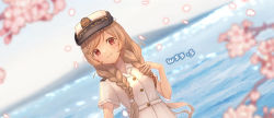 Rule 34 | 1girl, alternate costume, artist name, blush, buttons, cherry blossoms, closed mouth, commission, dress, hat, kantai collection, light brown hair, long hair, minegumo (kancolle), petals, red eyes, short sleeves, signature, skeb commission, smile, solo, twintails, upper body, white dress, white hat, wss (nicoseiga19993411)