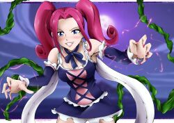 Rule 34 | 1girl, absurdres, armpits, arms up, blue eyes, blurry, blurry background, blush, breasts, cleavage, dress, earrings, fairy tail, flatpancakesjim, frills, frilly skirt, highres, jewelry, long hair, magic, medium breasts, nail polish, necklace, pink hair, plant, ribbon, sherry blendy, simple background, skirt, solo, twintails, vines