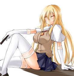 Rule 34 | + +, 1girl, arm support, blonde hair, breasts, chain, chain between breasts, controller, elbow gloves, gloves, hair between eyes, impossible clothes, kaminagi (kaminagi-tei), knee up, large breasts, legs, long hair, looking at viewer, one eye closed, pleated skirt, remote control, school uniform, shokuhou misaki, short sleeves, sitting, skirt, solo, spider web print, sweater vest, symbol-shaped pupils, thighhighs, toaru kagaku no railgun, toaru majutsu no index, white gloves, white thighhighs, wink, yellow eyes, zettai ryouiki