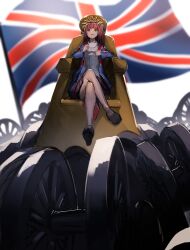 Rule 34 | 1girl, absurdres, blunt bangs, commentary request, crossed legs, cup, empty eyes, fixro2n, flag, flag print, from below, full body, highres, holding, holding cup, holding saucer, jacket, kotonoha akane, light smile, long hair, long sleeves, looking at viewer, looking down, one side up, open clothes, open jacket, open mouth, panjandrum, pink hair, pleated skirt, print jacket, purple skirt, red eyes, saucer, shirt, shoes, skirt, solo, teacup, throne, too many, union jack, voiceroid, white background, white shirt, wide shot