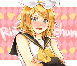 Rule 34 | 1girl, argyle, argyle background, argyle clothes, black sailor collar, black sleeves, blonde hair, blue eyes, blush, bow, character name, collared shirt, crossed arms, detached sleeves, hair bow, hair ornament, hairclip, headphones, headset, kagamine rin, looking at viewer, microphone, neckerchief, open mouth, sailor collar, sailor shirt, shirt, short hair, sleeveless, sleeveless shirt, solo, swept bangs, tenni noboru, upper body, vocaloid, wavy mouth, white bow, white shirt, yellow neckerchief