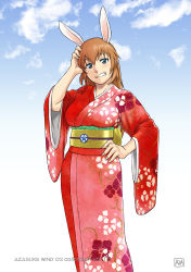 Rule 34 | 1girl, animal ears, azasuke, blue background, blue eyes, blush, breasts, charlotte e. yeager, clenched teeth, cloud, gradient background, hand on own hip, highres, japanese clothes, kimono, long hair, looking at viewer, orange hair, rabbit ears, rabbit girl, sky, smile, solo, standing, strike witches, teeth, world witches series