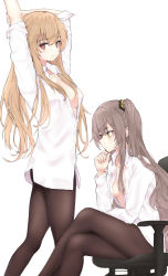 Rule 34 | 2girls, :3, arm up, black pantyhose, blonde hair, breasts, brown hair, chair, collarbone, collared shirt, crossed legs, female focus, girls&#039; frontline, highres, holding own arm, long hair, long sleeves, looking at viewer, medium breasts, multiple girls, nanayozuki, office chair, pantyhose, partially unbuttoned, red eyes, scar, scar across eye, scar on face, shirt, side ponytail, simple background, sitting, sleeves pushed up, small breasts, standing, swivel chair, thinking, ump45 (girls&#039; frontline), ump9 (girls&#039; frontline), white shirt, yellow eyes