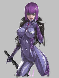 Rule 34 | 1girl, :p, bad id, bad pixiv id, blood, breasts, club (weapon), finger to mouth, jacket, mathilda, mathilda (madworld), max anarchy, mole, purple hair, short hair, smile, solo, spiked club, spikes, sunglasses, take no ko (dodon), tongue, tongue out, weapon