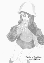 Rule 34 | 10s, 1girl, cape, eating, food, girls und panzer, greyscale, hat, highres, keizoku school uniform, ladic, long hair, looking at viewer, mika (girls und panzer), monochrome, open mouth, sandwich, school uniform, solo