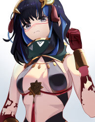 Rule 34 | 1girl, absurdres, bare shoulders, black hair, blood, blood on hands, blue hair, bracer, breasts, colored inner hair, detached collar, facepaint, fate/grand order, fate (series), gosto ne, grey eyes, halterneck, headdress, high collar, highres, looking at viewer, multicolored hair, navel, short hair, sidelocks, small breasts, solo, tassel, tenochtitlan (fate), tenochtitlan (first ascension) (fate)