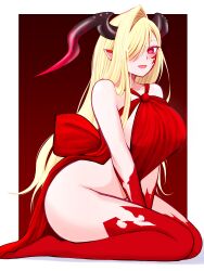 Rule 34 | 1girl, absurdres, asymmetrical bangs, bare shoulders, blonde hair, blush, body markings, breasts, colored extremities, colored skin, cosplay, dress, facial mark, fate/grand order, fate (series), hair over one eye, highres, horns, large breasts, long hair, looking at viewer, mcpc zamurai, nero claudius (fate), nero claudius (fate) (all), open mouth, pointy ears, queen draco (fate), queen draco (fate) (cosplay), queen draco (first ascension) (fate), queen draco (third ascension) (fate), red dress, red eyes, red skin, seiza, sitting, smile, solo