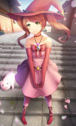 Rule 34 | 1girl, alternate costume, alternate hairstyle, bare shoulders, breasts, brown hair, choker, closed mouth, collarbone, doki doki literature club, dress, gloves, green eyes, hat, heart, heart choker, highres, jewelry, long hair, looking away, medium breasts, monika (doki doki literature club), necklace, pig, pink dress, pink gloves, smile, solo, stairs, standing, strapless, strapless dress, tsukimaru, twintails, witch hat