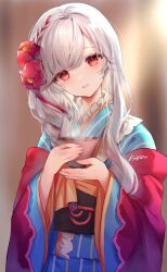 Rule 34 | 1girl, anna (sennen sensou aigis), blue kimono, blurry, blurry background, blush, braid, commentary, cup, flower, frilled kimono, frills, hair flower, hair ornament, head tilt, hi-na1, holding, holding cup, hot drink, japanese clothes, kimono, long hair, long sleeves, looking at viewer, obi, official alternate costume, parted hair, parted lips, red eyes, red ribbon, ribbon, ribbon braid, sash, sennen sensou aigis, side braid, signature, smile, solo, standing, upper body, white hair, wide sleeves
