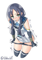 Rule 34 | 10s, 1girl, bad id, bad twitter id, black gloves, black panties, black thighhighs, blue hair, blue ribbon, blush, cowboy shot, cropped legs, ebifurya, elbow gloves, gloves, green eyes, hair over shoulder, hair ribbon, highres, inactive account, kantai collection, looking at viewer, motion lines, neckerchief, no pants, open mouth, panties, panty pull, pulling own clothes, ribbon, school uniform, serafuku, simple background, sleeveless, solo, suzukaze (kancolle), sweat, tears, thighhighs, twintails, twitter username, underwear, white background