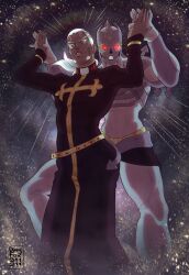 Rule 34 | 2boys, arms up, c-moon (stand), colored eyelashes, dark-skinned male, dark skin, dirtyfox911911, enrico pucci, glowing, glowing eyes, highres, holding hands, jojo no kimyou na bouken, male focus, multiple boys, night, night sky, priest, red eyes, sky, stand (jojo), stone ocean, white hair