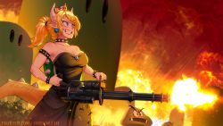 Rule 34 | 1girl, 2others, 7.62x51mm nato, absurdres, ammunition, ammunition belt, ammunition chute, armlet, bare shoulders, belt-fed, black collar, black dress, black nails, blonde hair, blue eyes, bowsette, bracelet, breasts, brooch, bullet, bullet casing, chainsaw grip, choker, cleavage, collar, collarbone, crown, dress, earrings, evil grin, evil smile, explosion, facing to the side, fingernails, fire, firing, freckles, full-power cartridge, gatling gun, goomba, grin, gun, hair pulled back, highres, holding, holding gun, holding weapon, horns, jewelry, large breasts, lmg cartridge, long fingernails, m134 minigun, m13 link, machine gun, mario (series), medium hair, medium machine gun, military cartridge, mini crown, minigun, mleth, multiple-barrel firearm, multiple others, muzzle clamp, muzzle flash, nail polish, new super mario bros. u deluxe, nintendo, no bra, pointy ears, ponytail, red sky, rifle cartridge, rotary machine gun, sharp teeth, shell casing, sky, smile, solo focus, spiked armlet, spiked bracelet, spiked choker, spiked shell, spiked tail, spikes, strapless, strapless dress, super crown, tail, teeth, thick eyebrows, weapon
