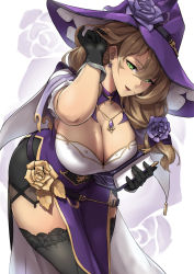 Rule 34 | 1girl, absurdres, artist request, black thighhighs, book, breasts, brown hair, brown hat, cape, capelet, cleavage, earrings, flower ornament, genshin impact, gloves, green eyes, hair ornament, hat, highres, jewelry, large breasts, leaning forward, lisa (genshin impact), long hair, looking at viewer, necklace, open mouth, packge, purple capelet, purple hat, solo, standing, thighhighs, thighs, white background