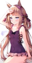 Rule 34 | 1girl, animal ears, arm up, armpits, blush, breasts, brown hair, cleavage, collarbone, commentary request, hair ornament, highres, himexin, horse ears, horse girl, long hair, looking at viewer, official alternate costume, purple eyes, small breasts, sweatdrop, sweep tosho (monopolizing the chill?) (umamusume), sweep tosho (umamusume), swimsuit, twintails, umamusume