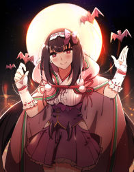 Rule 34 | 1girl, arm warmers, bat (animal), black hair, blush, bow, breasts, cloak, corset, fate/grand order, fate (series), frilled skirt, frills, full moon, hair bow, hairband, hood, hood down, hooded cloak, large breasts, long hair, looking at viewer, moon, origami, osakabehime (fate), purple eyes, purple skirt, rrn rn820, skirt, smile, solo, twintails, very long hair, waving