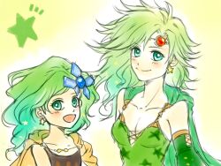 Rule 34 | aged up, blue eyes, breasts, cleavage, closed mouth, collarbone, detached sleeves, dual persona, earrings, final fantasy, final fantasy iv, flat chest, green hair, hair ornament, jewelry, long hair, looking at viewer, medium breasts, open mouth, rydia (ff4), sa kichi, smile, star (symbol), star earrings