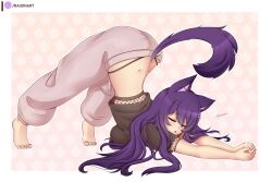 Rule 34 | 1girl, animal ear fluff, animal ears, artist name, ass, bare back, barefoot, black panties, border, breasts, cat, cat ears, cat girl, cat tail, closed eyes, commentary, crop top, cropped shirt, doki doki literature club, english commentary, full body, g-string, hair between eyes, highleg, highleg panties, highres, jack-o&#039; challenge, long hair, medium breasts, meme, mixed-language commentary, open mouth, orange background, outside border, panties, pants, patreon logo, patreon username, pink pants, purple hair, purple nails, raion (raionart), shirt, solo, tail, thong, top-down bottom-up, underwear, white border, white shirt, yamcha pose (meme), yuri (doki doki literature club)