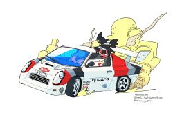 Rule 34 | 1girl, audi, audi sport quattro rs 002, black eyes, black hair, car, colored sclera, colored skin, d. wang, frown, highres, horns, jumpsuit, looking at viewer, michelin, michelin man, motor vehicle, original, parted lips, pointy ears, race vehicle, racecar, racing suit, rally car, red skin, sharp teeth, smoke, spoiler (automobile), teeth, twintails, twitter username, vehicle focus, vehicle name, white jumpsuit, world rally championship, yellow sclera