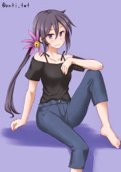 Rule 34 | 1girl, akebono (kancolle), alternate costume, anti (untea9), barefoot, bell, black shirt, blouse, capri pants, commentary request, denim, feet out of frame, flower, hair bell, hair flower, hair ornament, highres, jeans, kantai collection, long hair, looking at viewer, pants, purple background, purple eyes, purple hair, shirt, side ponytail, simple background, solo, twitter username, very long hair