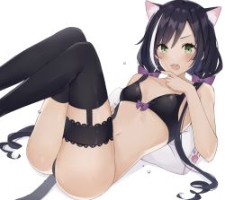 Rule 34 | 1girl, animal ear fluff, animal ears, ass, bare shoulders, black bra, black hair, black panties, black thighhighs, blush, bow, bra, breasts, cat ears, cat girl, cat tail, collarbone, commentary request, fang, green eyes, hair bow, inanami, karyl (princess connect!), knees up, long hair, looking at viewer, low twintails, lying, multicolored hair, on back, open mouth, panties, princess connect!, purple bow, small breasts, solo, streaked hair, tail, tearing up, thighhighs, twintails, underwear, underwear only, white background, white hair