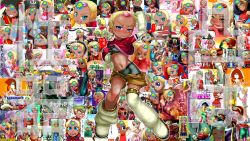Rule 34 | 00s, 1girl, alfa system, bike shorts, blonde hair, blue eyes, boots, boro, censored, chat (tales), collage, dark-skinned female, dark skin, forehead, hermana larmo, highres, multiple persona, pointless censoring, shorts, sports bra, tales of (series), tales of eternia, tales of innocence, thigh boots, thighhighs, undressing